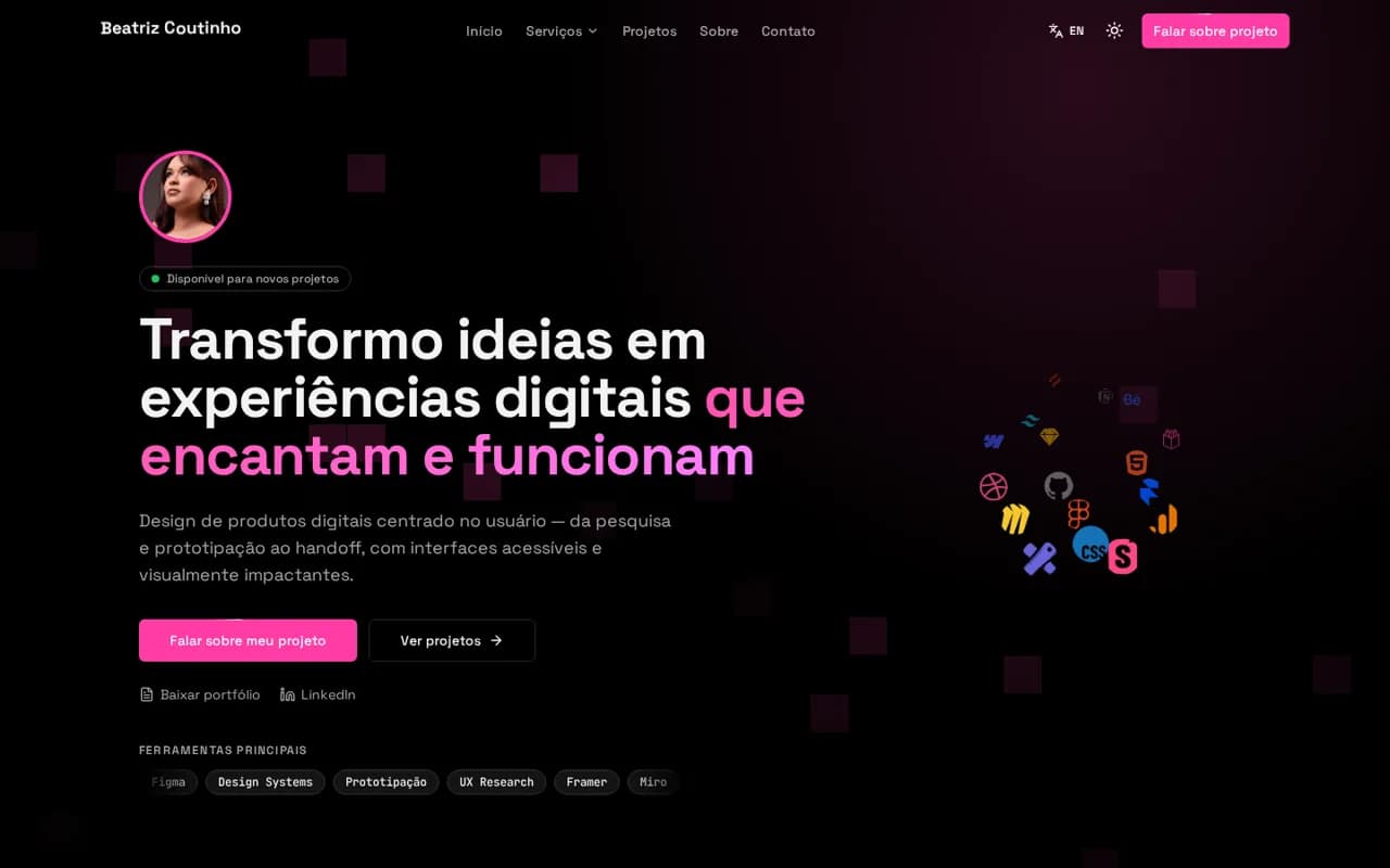 Home do portfólio de Beatriz Coutinho: 'Transformo ideias em experiências digitais que encantam e funcionam'.