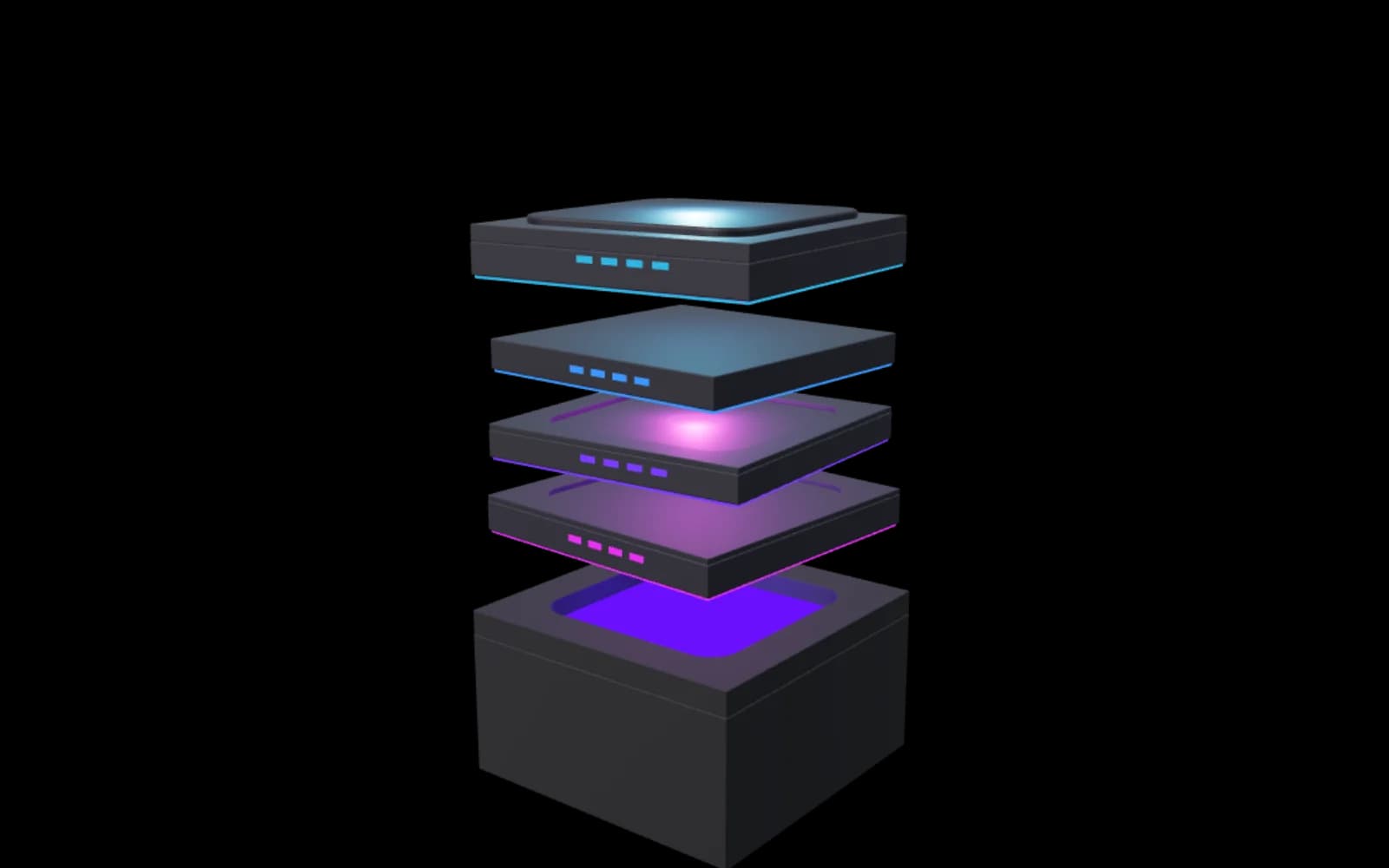 Escultura 3D: uma base escura com quatro placas empilhadas, cada uma com uma banda de luz, de magenta a ciano.